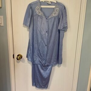 Vanity Fair Pajama Set Womens Large Blue Excellent Vintage Lace Trim Tricot 2pc